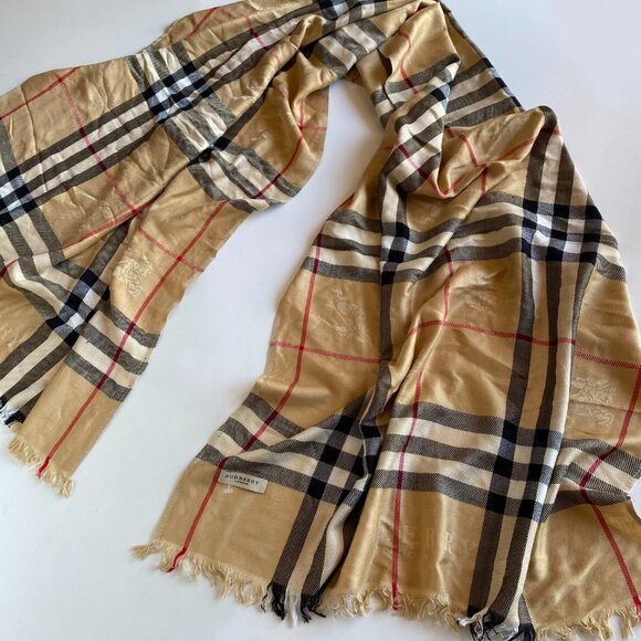 Burberry London Nova Check Beige Scarf Silk Blend Fringed Edge Lightweight - Picture 8 of 11